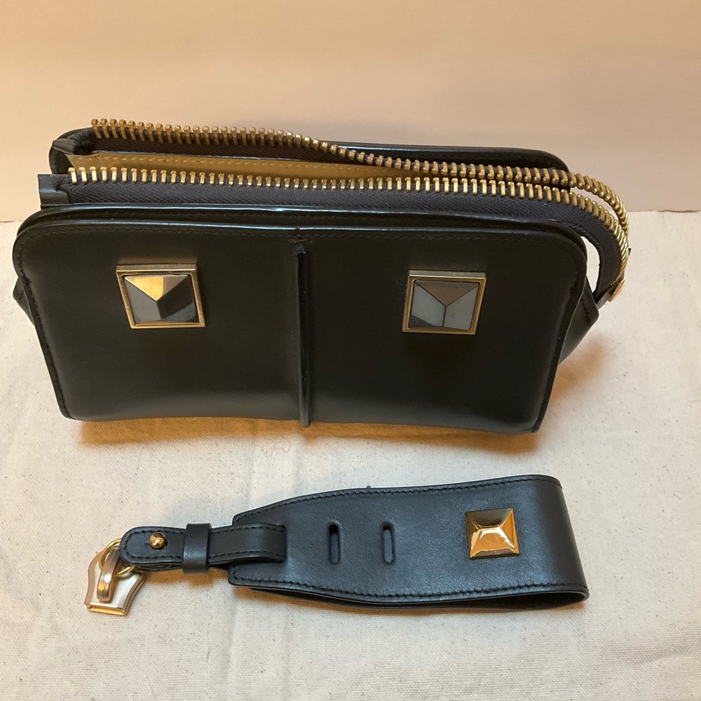*REHAB* Ports 1961 Black Leather Studded Clutch Black Wristlet Bag Gold Accents